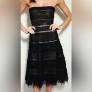 BCBGMaxAzria Lace Feather Tiered Midi Dress 8 Black Prom Formal Evening Gala